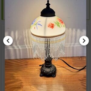 Victorian Hand Painted Floral Glass Boudoir Lamp with Beaded Fringe